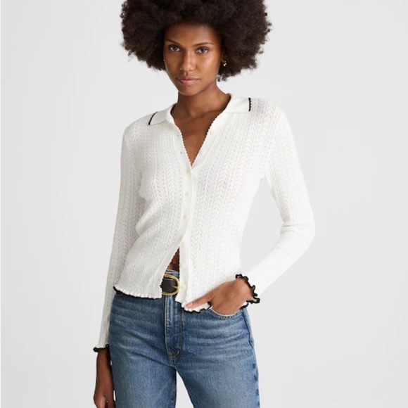 Madewell Black Ruffle Trim Pointelle Cardigan - Picture 4 of 8